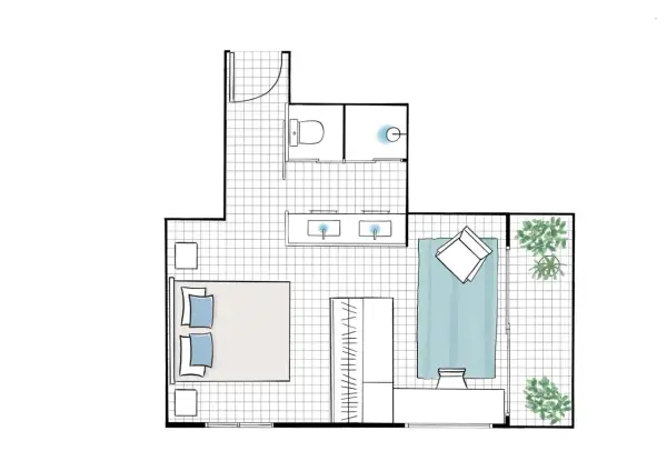 Plano de una habitación con cama, baño doble, ducha y balcón. Los metros cuadrados de esta habitación normal son ideales para una vida cómoda.