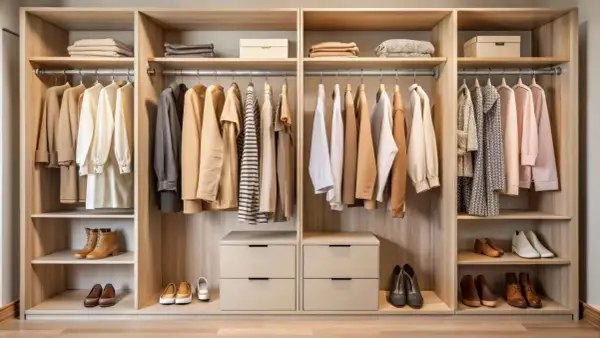 Armarios a medida con ropa y zapatos organizados. Estantes de madera clara, cajones y barras para colgar.