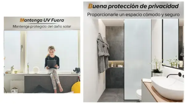 Película de vidrio mate para ventanas, protege del sol y da privacidad. Ideal para baños y habitaciones.