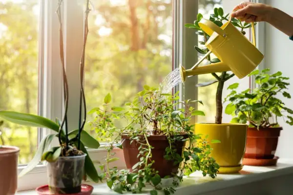 Persona riega plantas en la ventana, creando un rincón verde. El sol ilumina el acto de decorar ventanas con plantas.