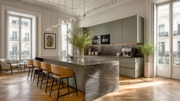 Cocina moderna con isla de mármol y taburetes. Un ejemplo perfecto de cuanto se revaloriza un piso reformado con estilo y acabados de lujo.