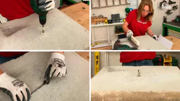 Demostración de como taladrar hormigón con taladro y broca especial. Se muestra el proceso de perforación y la inserción de un anclaje.