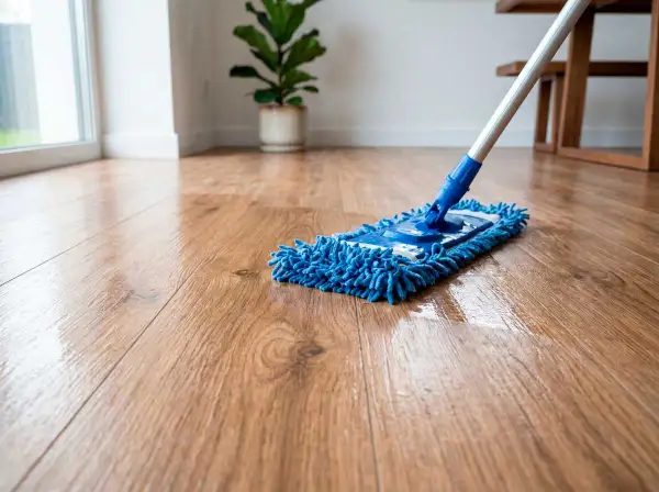 Un trapeador azul limpia un suelo de madera brillante. Aprende como limpiar suelo de madera para mantenerlo reluciente.