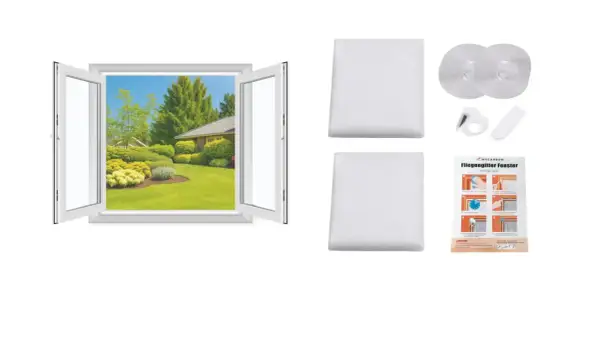 Kit para instalación de mosquiteras: mallas blancas, velcro, cortador y manual de instrucciones para proteger tu hogar de insectos.