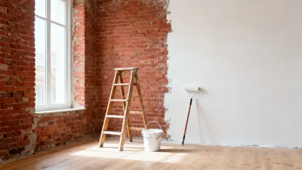 Una habitación con paredes de ladrillo expuesto y una pared parcialmente pintada de blanco. Una escalera de madera, un cubo de pintura y un rodillo esperan para continuar la renovación.