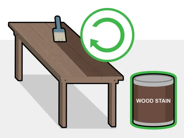 Paso a paso para como hacer una mesa de madera: pincel sobre mesa, lata de tinte y símbolo de reciclaje.