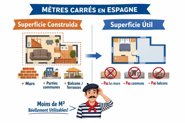 Ilustración explica cómo saber cuántos metros cuadrados tiene mi casa, diferenciando superficie construida y útil.